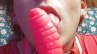 Cute femboy sucking dildo