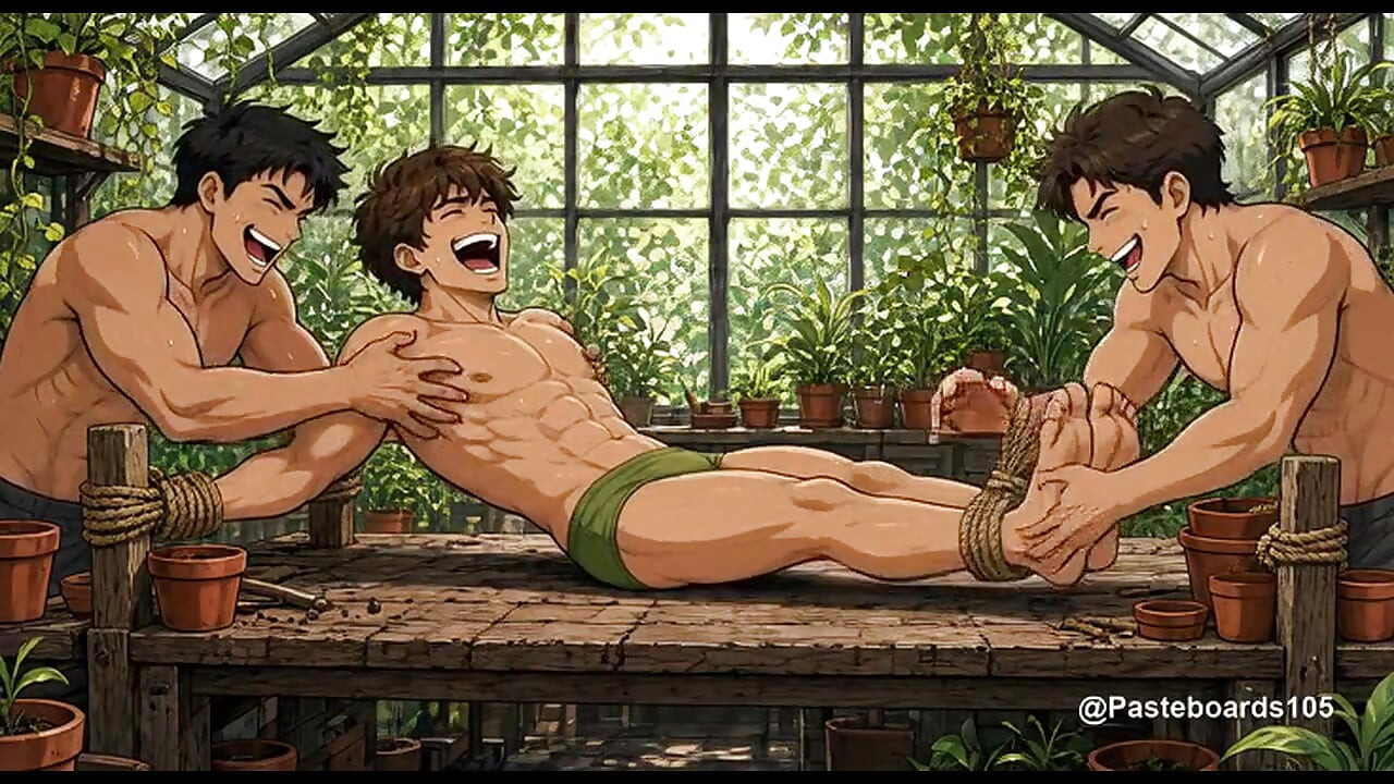 The Greenhouse Bench - Roped Down, Fingers On His Ribs And Bare Feet (2D Anime Bara)