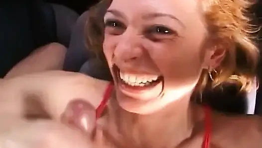 Curly haired slut wearing lingerie gets slammed in car