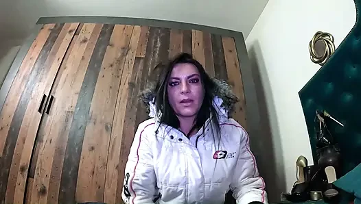 Double Glossy Downjacket Fetish. Bodystocking MILF, Shiny Puffer Tease and Masturbation