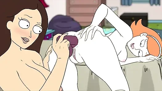 Jessica stöhnt, während Tricia Lange sie mit einem Dildo fickt – Rick and Morty Cartoon