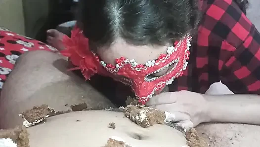 I play extreme with food with my husband: I lick cake and swallow his milk.