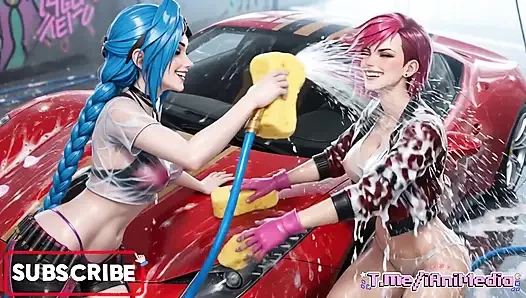 Jinx and Vi Washing the Red Ferrari Wet and Soapy