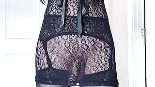 Asian CD Eva in shiny black stockings and lace dress