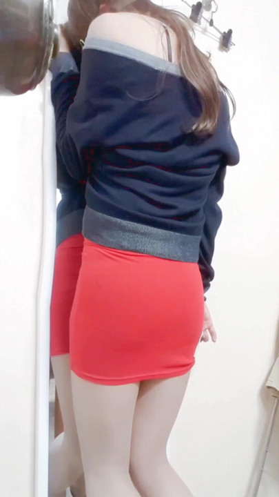 Young asian crossdresser in tight red short skirt first penetrated by anal vibrating dildo and orgasms on a public park | Clip 2