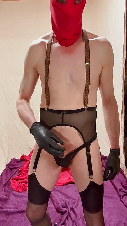 Lacy Suspenders And Shaved Cock And Balls