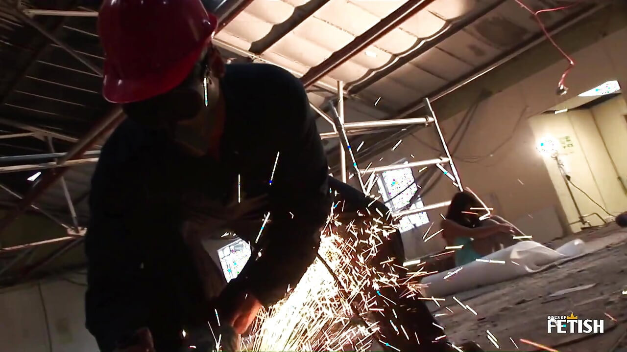 Brunette babe gets fucked by two workers with mask and big cocks