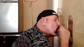 Cum swallow amateur DILF sucks BFs cock in gloryhole at home