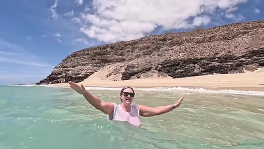 Girl Wetting Jeans in the Ocean and Swimming in Wet White T-shirt