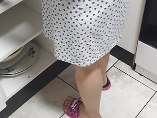 Step son in the kitchen lift up step mom skirt showing her ass without panties