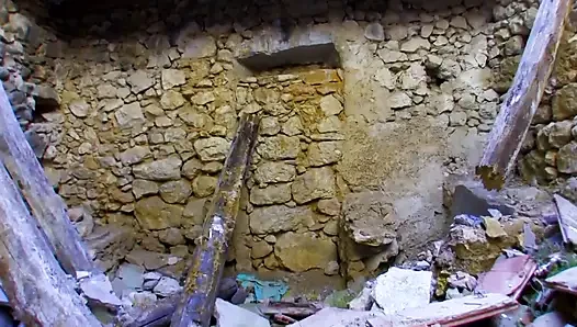 Sexy young slut with big boobs slammed in a ruined house