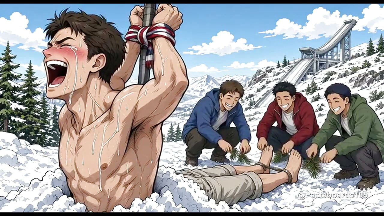 Buried In The Snowdrift - Ski Jumper Stuck Up To His Chest, Snowboarders On His Bare Soles (2D Anime