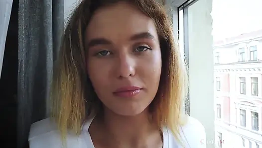 Busty Babe Denise with a Wet T-shirt at the Window