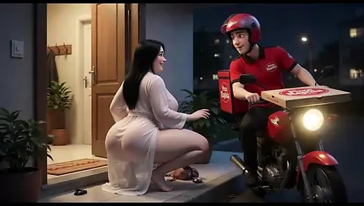 Curvy Woman In Translucent White Outfit Talks To Pizza Delivery Guy At Her Front Door At Night (AI generated)