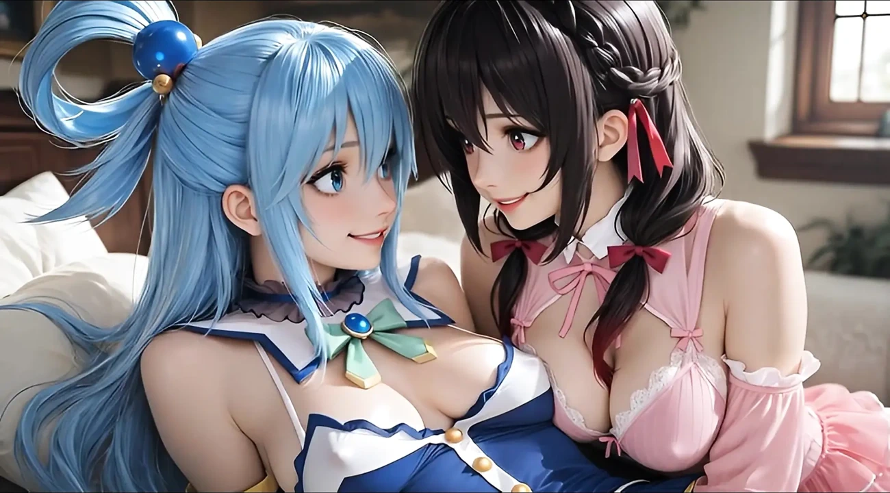 SFW Aqua and yunyun From konosuba soft show touching and kissing lesbian