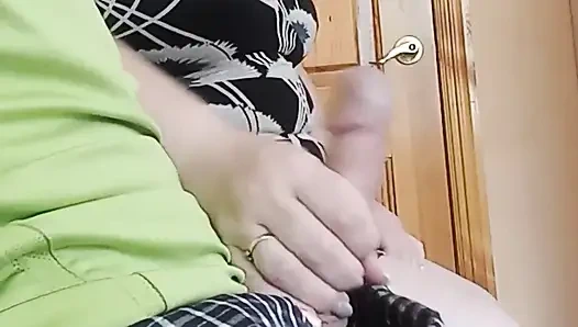 The bitch jerks off my cock in the waiting room #4