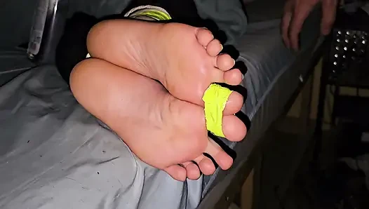 bondage footjob of asian teen feet cum on soles
