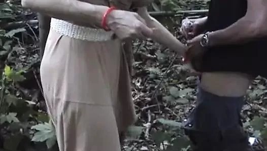 French lady gets three cocks to please in the woods