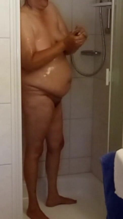 German BBW MILF 53 with natural tits & soft belly takes a shower | Clip 1