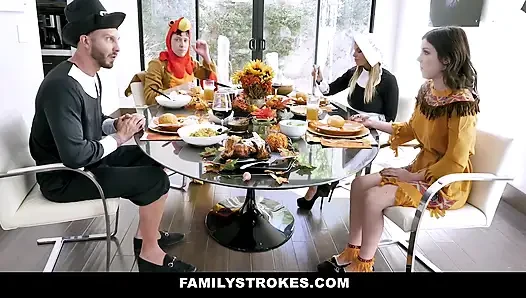 Horny milf & teen thanksgiving orgy with stepson & stepdad