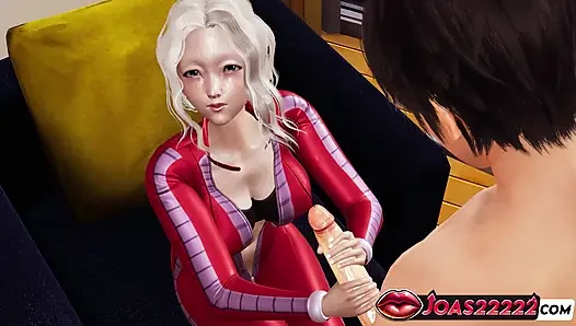 Aina - Red Latex Suit in 3D Hentai - Handjob Service for Big Dick Stroking, Intense POV Sloppy Blowjob on the Sofa