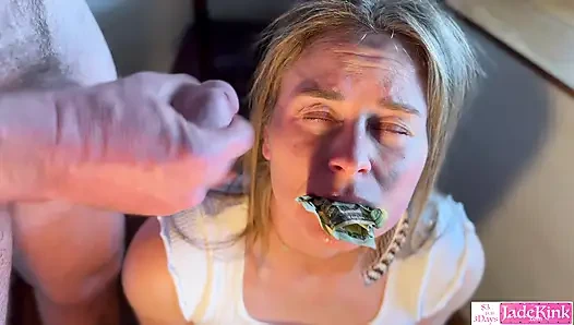 Stuffing dollar bills in Jade Kink wet pussy and facial cumshot