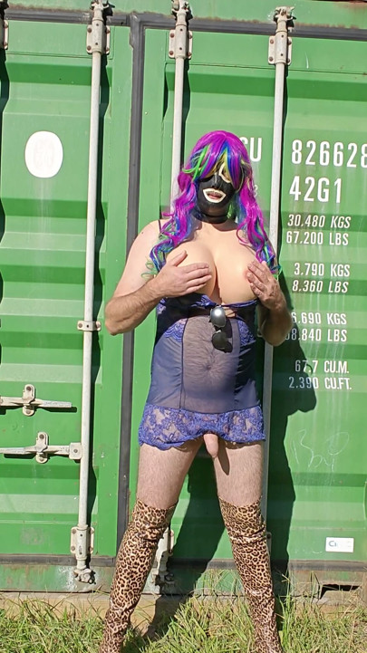 Gigantic fake tits crossdresser in lingerie masturbating outside | Clip 1