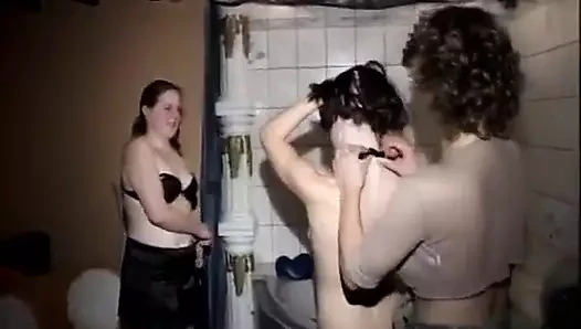 Lesbian orgy filmed in the bathroom as beautiful whores masturbate their pussies with big long sex toys