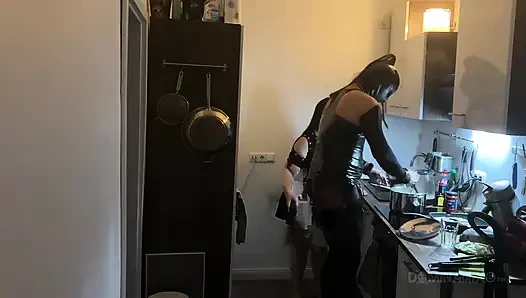 Dominant MILF Stretches Latex Sub's Ass Wide in Kitchen