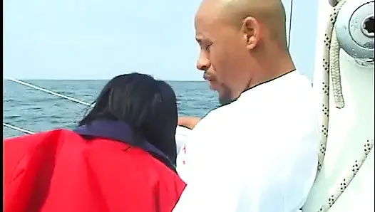 Couple of nice ebony babes are doing one cock on the deck of sailing ship