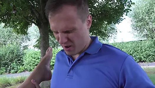 T-girl Bella Gold is showing off all her assets in open air