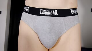Close up underpants show flaccid shaved uncut penis and foreskin for everyone to see