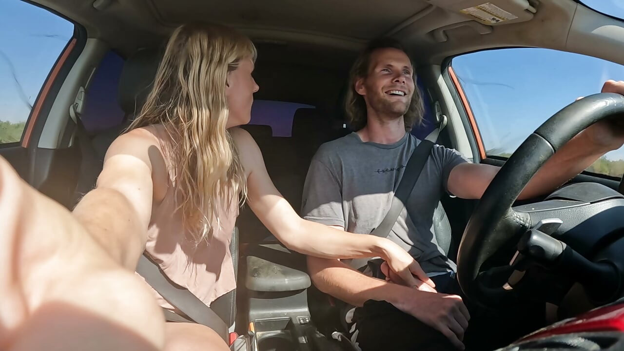 Petite Blonde Gives Her Man Road Head In The Car
