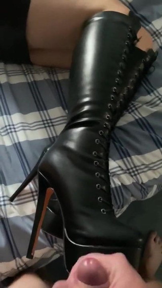 Cumshot over wife's  leather boots