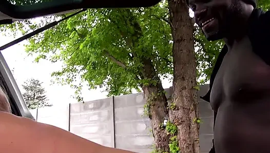 Stunning tattooed blonde fucked outdoor by a big black cock