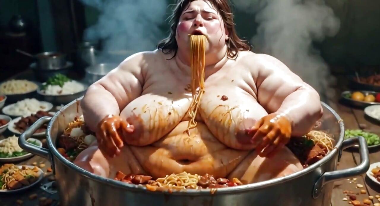 Grandota desnuda comiendo comida como loca - coño peludo expuesto