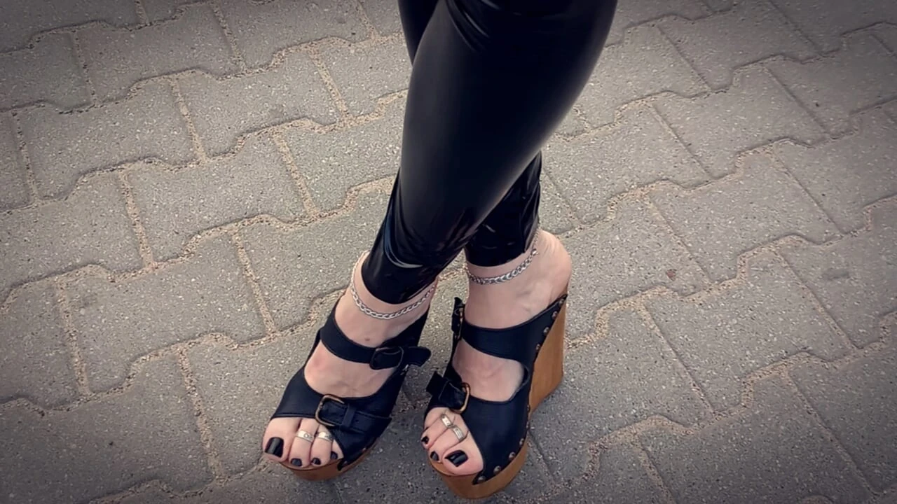 platform wedges and latex leggings - public crossdressing