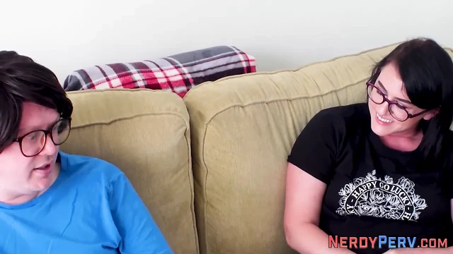 Busty amateur sucking nerd