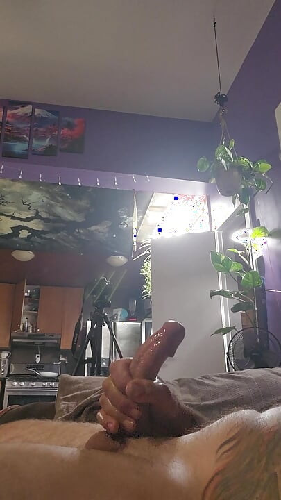 Cerca de gran polla lubricada siendo acariciada hasta que se corra