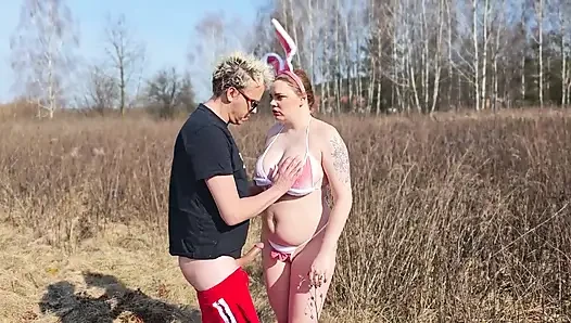 Polish Rabbit Fucked in the Field. He Sucks Cock Until He Cums on His Tits