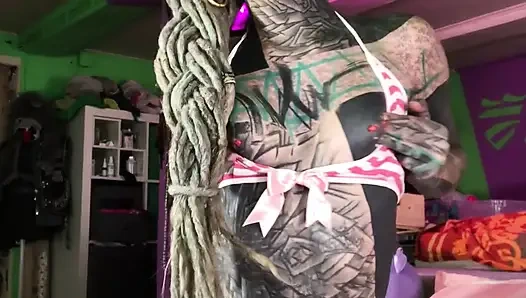 Hot Solo Tattooed Babe with Glasses Plays with Creamy Pussy & Dildo