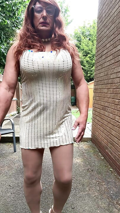 Sexy kellycd2022 in gold backless dress and seamless pantyhose and heels