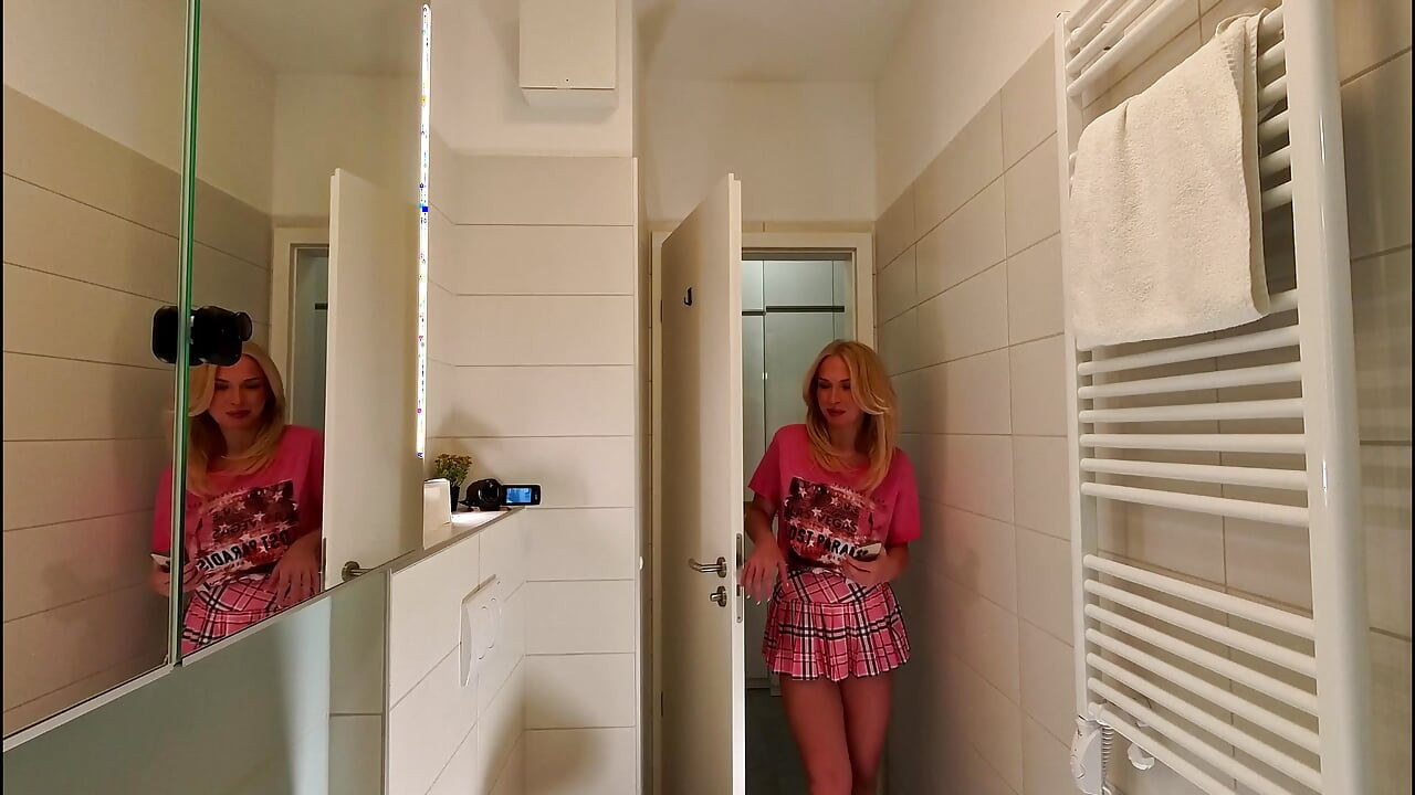 Cute Beautiful and Hot All Natural Big Tits Big Ass Blonde College Slut Masturbates with a Small Massager Using Under Her Skirt