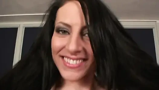 The hot shaved pussy of this horny brunette whore with perfect tits is so wet I can't resist fucking her