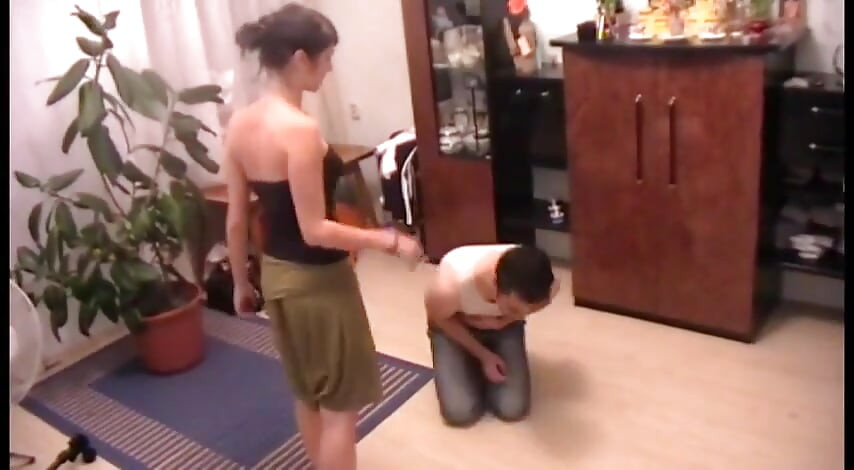 Angry gf punishes slave bf