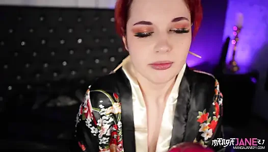 Redhair Teen in Kimono Gives Jerk off Instructions with Aliendildo and Cumshot