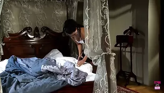 Very Hot Brunette Maid Gets Caught Masturbating and Gets Fucked Doggy Style on Masters Bed