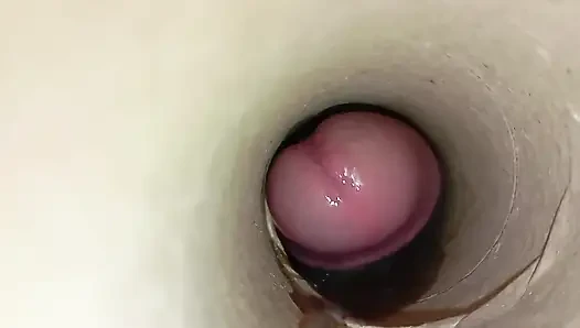 Edepsiz adam yarağını spermle dolu tüpten çıkarıyor ve karnındaki spermle oynuyor