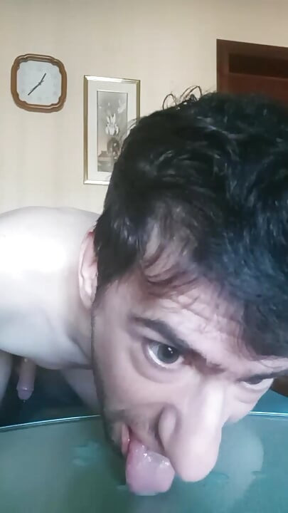Little slut with big hairy cock cums hard and eats her milk