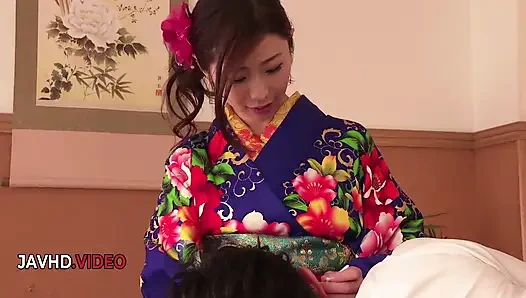 Seductive Asian babe in Kimono gives steamy Japanese blowjob live on camera